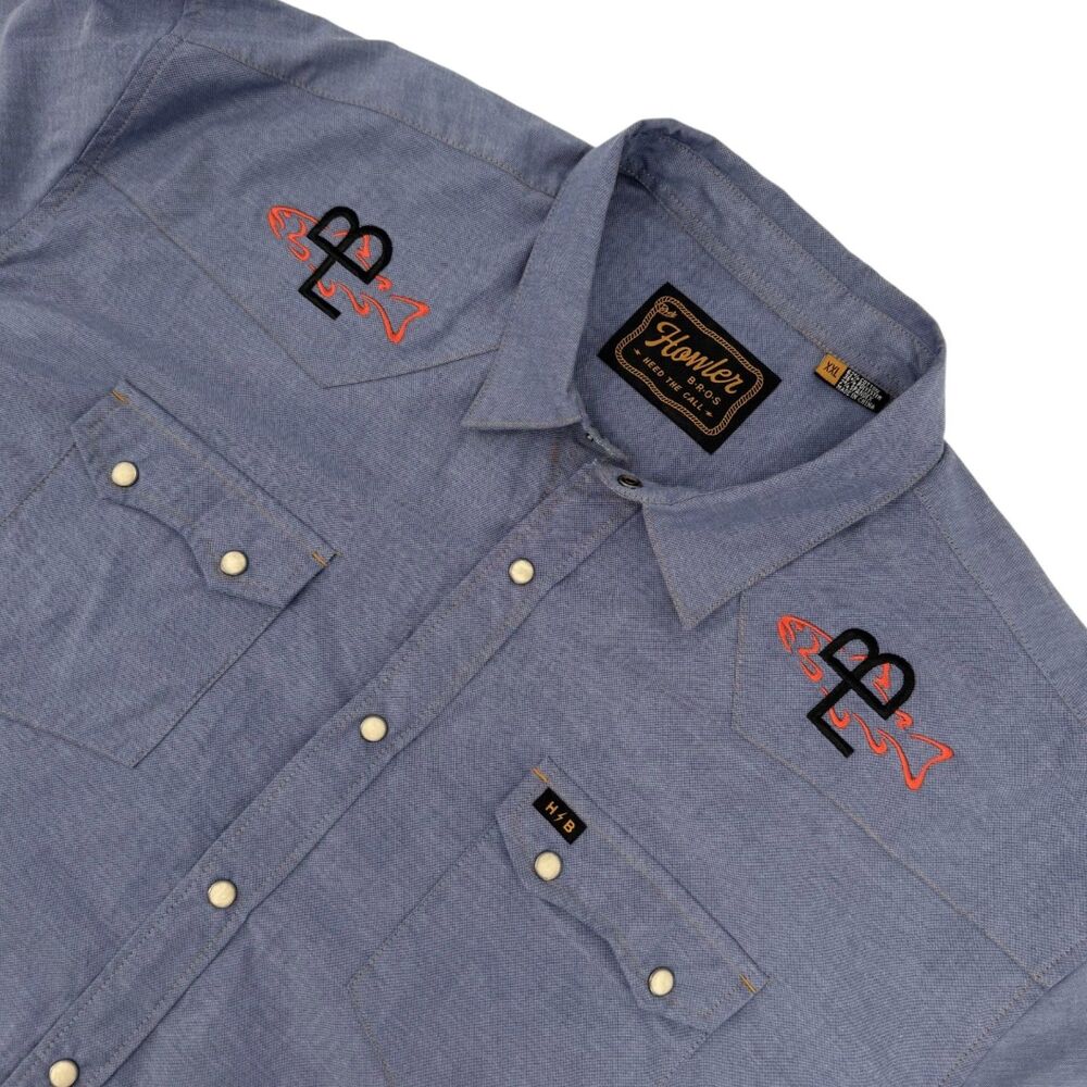 RARE Howler Bros Mens Crosscut Deluxe Snapshirt Trout/HB Embroidery Chambray XXL